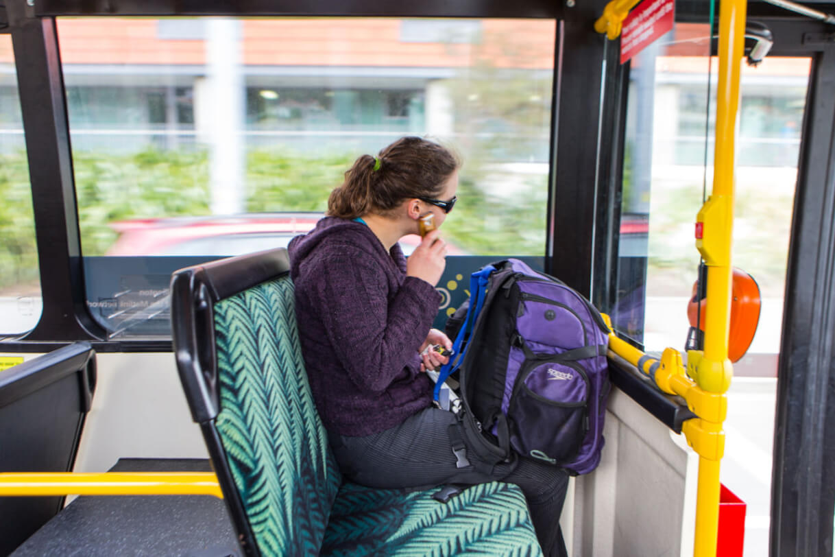 Mary travelling on the bus.