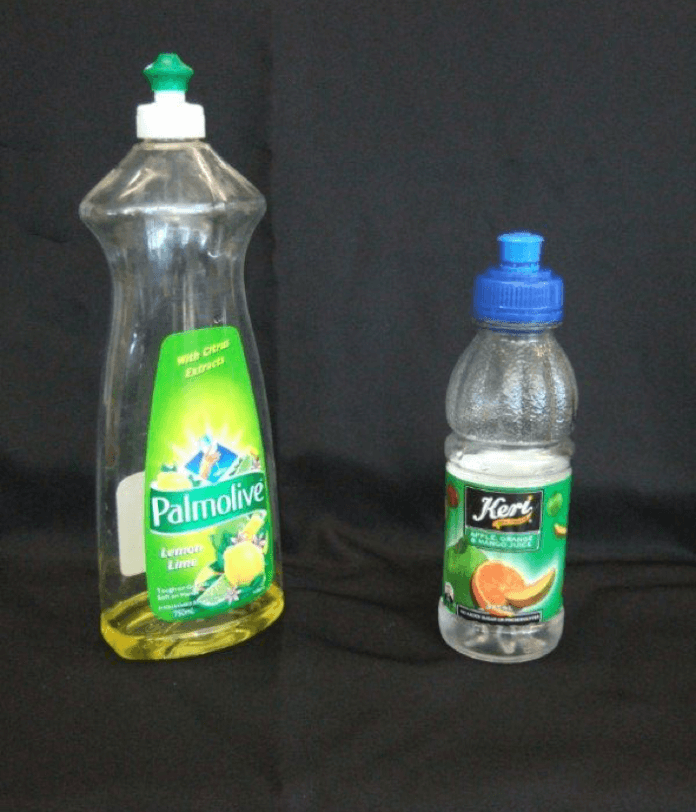 One dishwashing liquid bottle and one juice bottle, each with a lid.